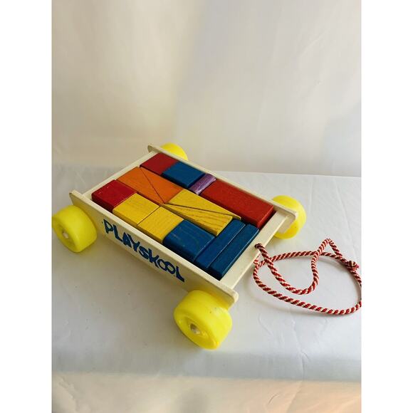 Vintage 1980's Playskool Cart Wagon Pull Toy with Wooden Blocks - Picture 3 of 7